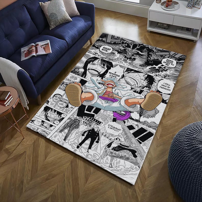 May include: A rectangular area rug featuring a black and white manga comic strip design. The rug showcases a central character in a dynamic pose, surrounded by speech bubbles and panels. The color palette is primarily black, white, and tan.