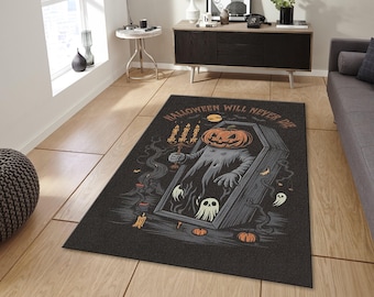 Retro Jack-O-Lantern Coffin Halloween Area Rug, Spooky Goth Carpet
