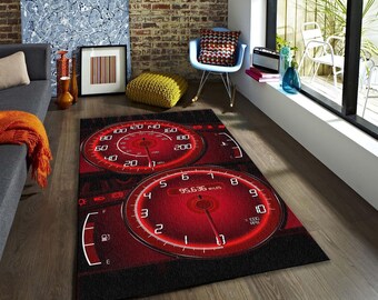 Red Speedometer Dashboard Rug, Racing Car Interior Area Carpet, Sports Car Floor Mat