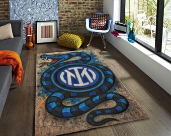 Inter Biscione Snake Rug, Blue Black Football Fan Decor, Man Cave Area Mat