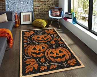 Rustic Halloween Pumpkin Rug, Vintage Linocut Fall Carpet, Classic Spooky Season Decor