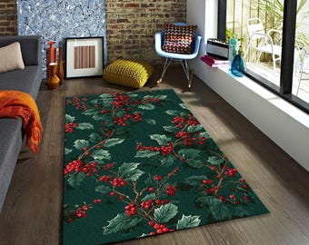 Traditional Christmas Holly Rug, Deep Green Holiday Botanical Carpet, Winter Wonderland Floor Decor