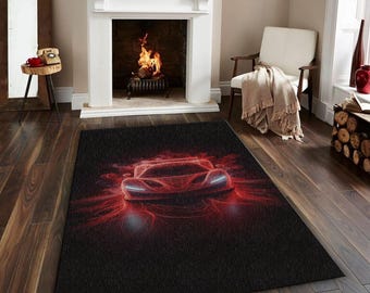 Abstract Red Race Car Rug, Neon Smoke Automotive Carpet, Modern Man Cave Decor