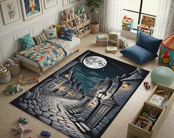 Gothic Village Night Area Rug, Spooky Cobblestone Street Carpet, Full Moon Halloween Decor