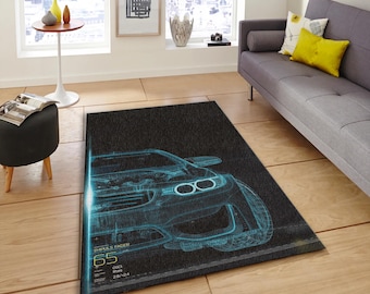 Holographic Auto Area Rug, Tech Car Blueprint Mat, Cyberpunk Gaming Room Decor