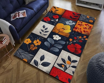 Moderner Floral Patchwork Teppich, Bunte Botanische Collage