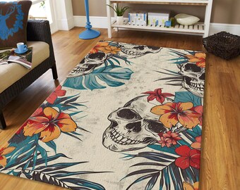 Skull Tropical Floral Rug, Vintage Tattoo Style Area Carpet, Exotic Botanical Floor Mat