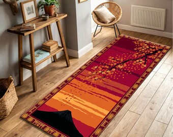Mount Fuji Sakura Runner Rug, Japanese Sunset Hallway Carpet, Warm Red Asian Zen Decor, Ukiyo-e Landscape Entryway Mat, Japandi Aesthetic