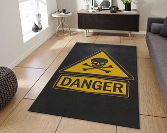 Danger Skull and Crossbones Rug, Industrial Garage Yellow and Black Area Carpet