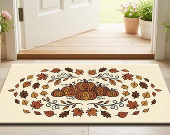 Fußmatte mit Kürbisblättern im Herbstdesign, Gemütliche botanische Herbst-Willkommensmatte