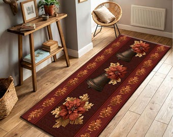 Vintage Christmas Bell Runner Rug, Poinsettia Holiday Hallway Carpet, Rustic Farmhouse Winter Decor, Burgundy Gold Entryway Mat