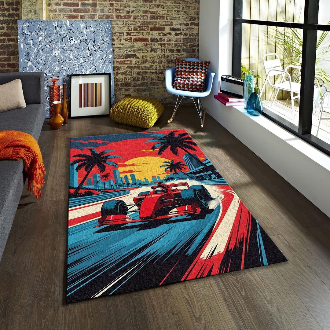 Retro Racing Car Rug, 80s Vaporwave Sunset, Gaming Room Decor - Etsy