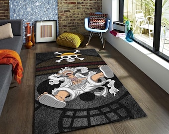 Sun God Nika Anime Rug, Straw Hat Pirate Skull Carpet, Shonen Manga Bedroom Decor, Teen Boy Room Mat