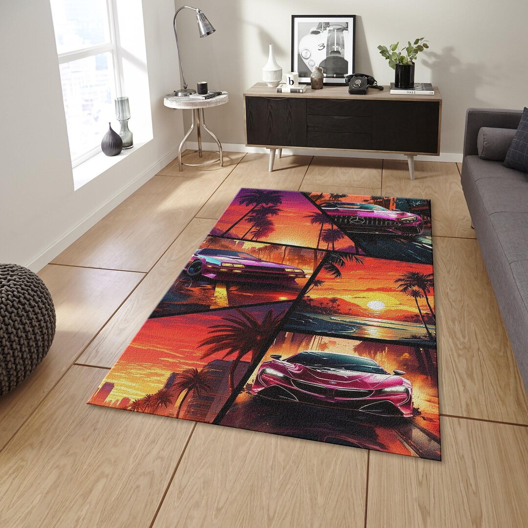 Synthwave Car Area Rug, Neon 80s Retrowave Carpet, Gamer Room Decor - Etsy