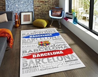 FC Barcelona Typography Area Rug, Blaugrana Blue and Red Football Carpet