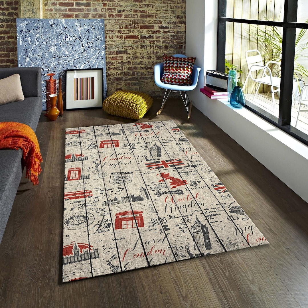 British Rugs Vintage London England Collage Rug, United Kingdom Travel Theme Area ...