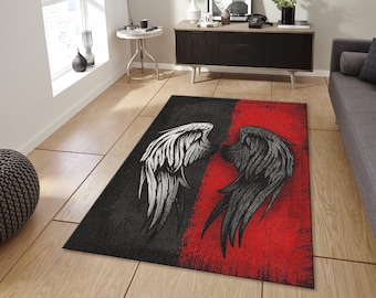 Angel and Demon Wings Rug, Dark Gothic Red and Black Area Carpet
