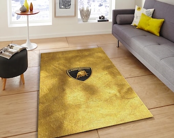 Lamborghini Golden Bull Logo Rug, Luxury Supercar Area Carpet, Italian Automotive Shield Floor Mat