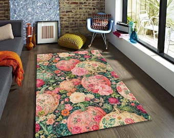 Pink Floral Pumpkin Rug, Moody Autumn Botanical Carpet, Vintage Fall Decor