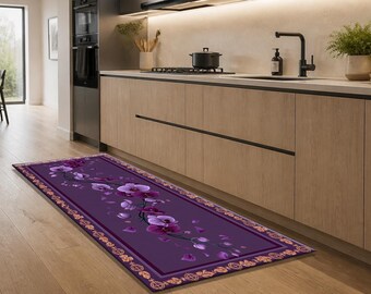 Purple Orchid Floral Runner Rug, Moody Dark Botanical Hallway Carpet, Elegant Violet and Gold Decor, Jewel Tone Bedroom Entryway Mat
