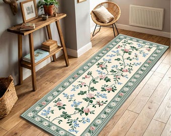 Vintage Pink Rose Floral Runner Rug, Cottagecore Botanical Hallway Carpet, Shabby Chic French Country Decor, Pastel Coquette Kitchen Mat