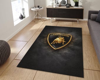 Lamborghini Golden Bull Logo Rug, Luxury Supercar Area Carpet, Italian Automotive Shield Floor Mat