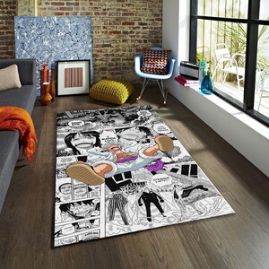 May include: A rectangular area rug featuring a black and white manga comic strip design. The rug showcases various panels with characters and speech bubbles. The central image depicts a character in a white coat and hat. The rug is placed on a wooden floor.