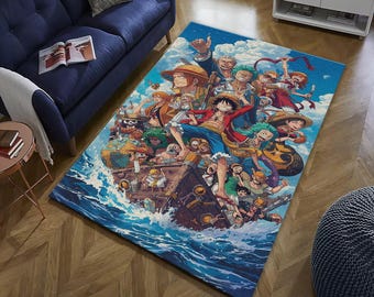 May include: A rectangular area rug featuring a vibrant illustration of a group of animated characters on a ship sailing through blue waves under a blue sky. The rug has a detailed, colorful design.