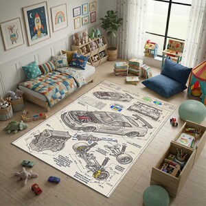 Skyline R34 Blueprint Rug, JDM Racing Car Technical Area Carpet