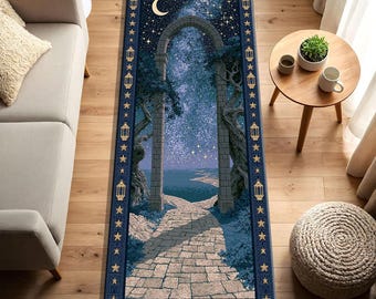 Mystical Starry Night Runner Rug, Celestial Archway Hallway Carpet, Dark Fantasy Ethereal Decor, Magic Pathway Bedroom Entryway Mat