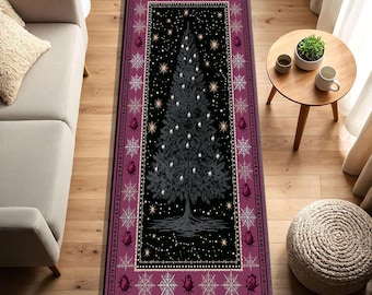 Gothic Christmas Tree Rug, Dark Yule Celestial Carpet, Moody Winter Living Room Decor, Witchy Starry Night Washable Entryway Mat