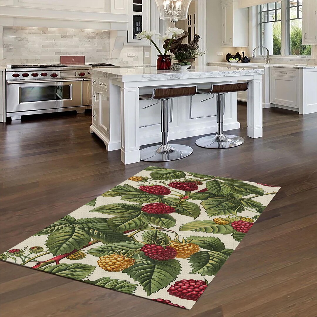 Vintage Raspberry Botanical Rug - Wild Berry Kitchen Area Mat - Non ...