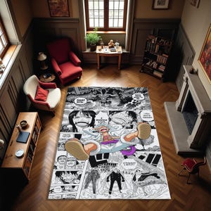 May include: A rectangular area rug featuring a black and white manga comic strip design. The rug showcases panels with characters and speech bubbles. The central image depicts a character in a white outfit with a purple sash, lying down. The rug is placed on a wooden floor.