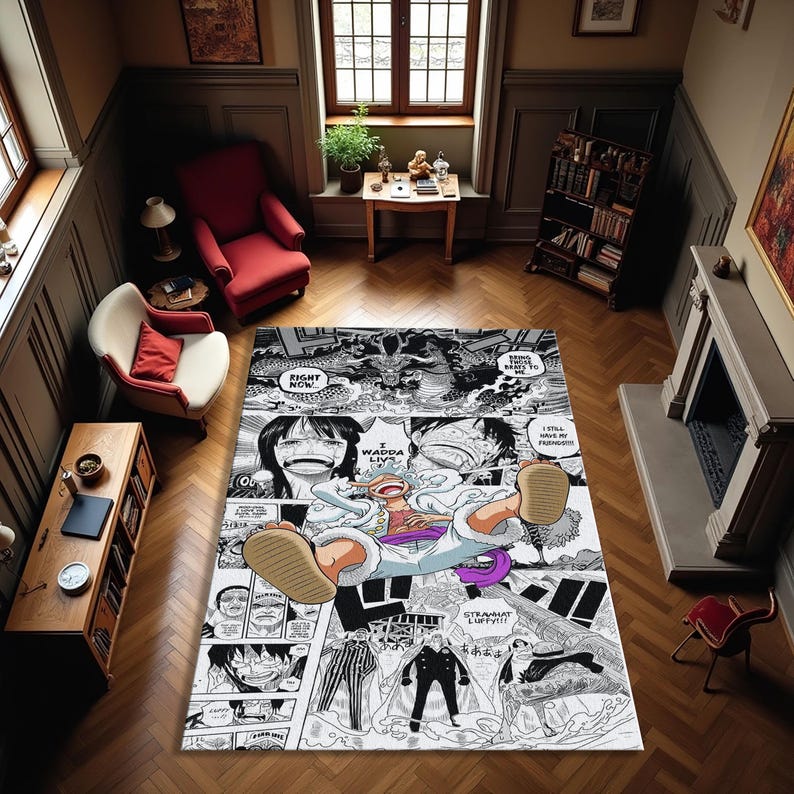 May include: A rectangular area rug featuring a black and white manga comic strip design. The rug showcases panels with characters and speech bubbles. The central image depicts a character in a white outfit with a purple sash, lying down. The rug is placed on a wooden floor.