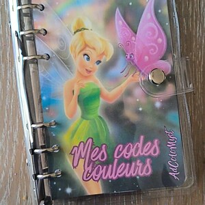 Peut inclure: Un agenda à anneaux en plastique transparent illustré d'une fée blonde en robe verte avec un papillon rose. La couverture porte l'inscription "Mes codes Couleurs" et "AdColorMyst" en écriture rose. L'agenda possède un mécanisme à anneaux en métal argenté.