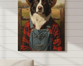 Art drôle de toile de chien de ferme, portrait d'animal de ferme rustique, décoration de maison de campagne