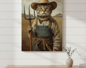 Art mural en toile de chat de ferme drôle, portrait d'animal rustique, décoration de ferme de campagne