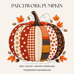 Peut inclure: Une illustration numérique d'une citrouille avec des segments en patchwork vertical présentant divers motifs, notamment des fleurs, des carreaux, des mailles torsadées et des rayures dans des tons orange, marron et crème, avec le texte PATCHWORK PUMPKIN.