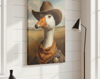 Art drôle de toile de cowboy d'oie, portrait de ferme rustique, décoration de maison de campagne