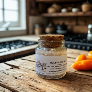 May include: A small glass jar of Blazing Fire Salt with a cork lid sits on a wooden surface. The label lists ingredients: sea salt, habanero, and garlic. The jar is next to a few orange peppers. The background includes a window and wooden shelves.