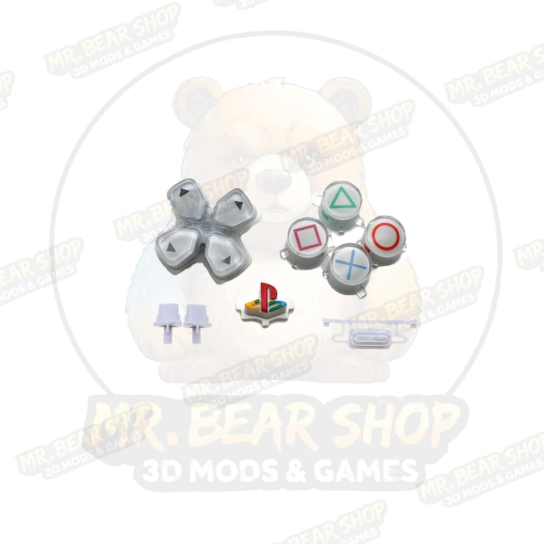 May include: A set of replacement controller buttons including a translucent directional pad with black arrows, four action buttons with colored triangle, square, circle, and cross symbols, two small white pegs, a logo button, and a rectangular bar.