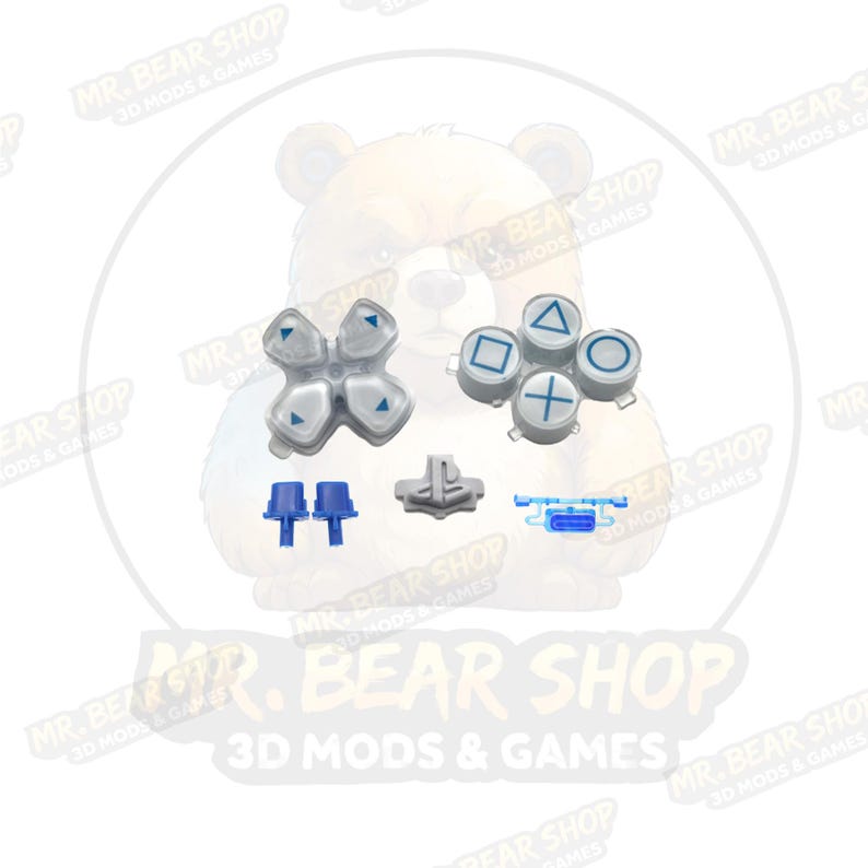 May include: A set of replacement controller buttons including a translucent white directional pad with blue arrows, four action buttons with blue symbols, two blue analog stick caps, a gray button piece, and a small blue plastic component.