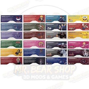 May include: A collection of Game Boy Advance SP cartridge labels featuring various characters and logos from popular video games and anime. The labels are rectangular with colorful backgrounds and character illustrations.