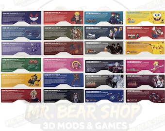 May include: A collection of twenty-four rectangular adhesive labels designed for Game Boy Advance SP consoles. Each label features unique character graphics, including Pokémon, Mario, and anime figures, alongside technical text and model information.