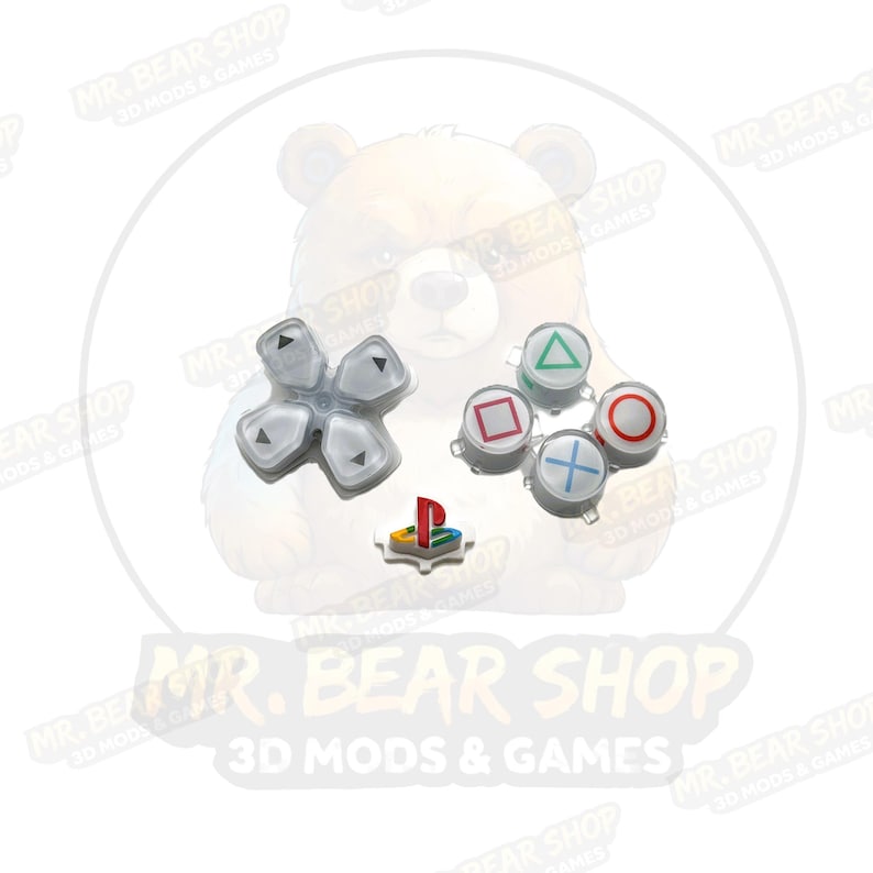 May include: A set of replacement gaming controller buttons including a translucent white directional pad with black arrows, four action buttons with colored geometric symbols, and a small PlayStation logo button with red, blue, and green accents.