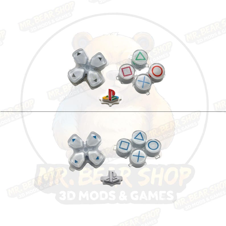 May include: A set of replacement controller buttons including two directional pads, two sets of four action buttons with triangle, square, circle, and cross symbols, and two PlayStation logo buttons. The buttons are white with colored icons.