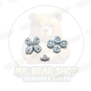 May include: A set of replacement controller buttons including a white directional pad with blue arrows, four action buttons with blue geometric symbols, and a central PlayStation logo button, all featuring a translucent white finish.