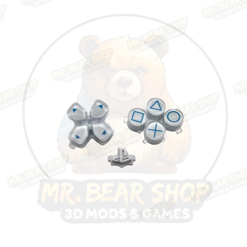 May include: A set of replacement controller buttons including a white directional pad with blue arrows, four action buttons with blue geometric symbols, and a central PlayStation logo button, all featuring a translucent white finish.