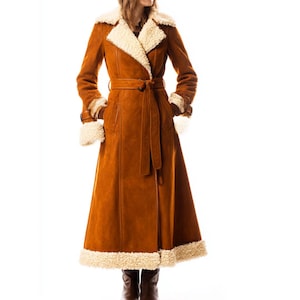 Women's Long Sheepskin Coat - Vintage Style Suede Leather Trench with Faux Fur Lining - Winter Outerwear