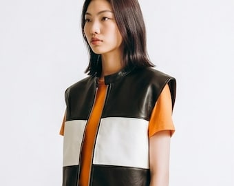 Women's Color Block Leather Vest - Striped Black White Sleeveless Jacket - Modern Trendy Outerwear